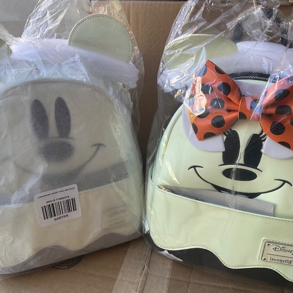 LOUNGEFLY  SET ..MICKEY and MINNIE  GLOW  GHOST  IN DARK BACKPACK  NWT - Picture 2 of 2